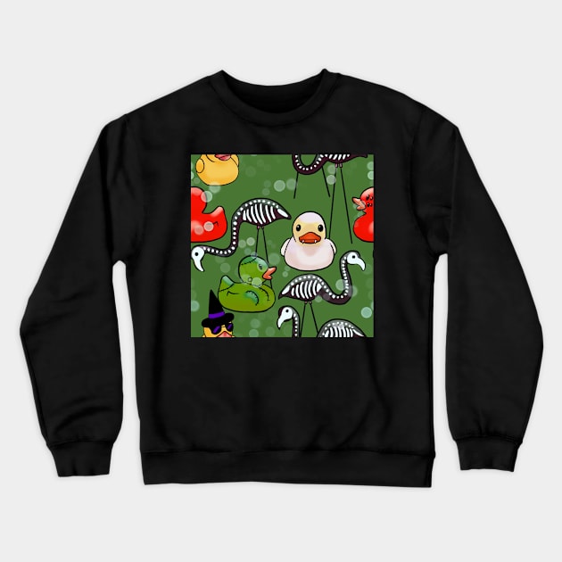 Spooky Halloween Rubber Ducks and Pink Flamingo Skeletons Frankenstein Green Crewneck Sweatshirt by JamieWetzel